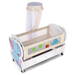 Babyhug Little Elephant Wooden Cradle with Wheels & Big Storage Drawers For Toys - Blue White