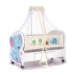 Babyhug Little Elephant Wooden Cradle with Wheels & Big Storage Drawers For Toys - Blue White