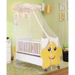 Babyhug Lucky Star Wooden Cradle with Wheel & Big Storage Drawers for Toys - Yellow White| Balanced Swing| Mosquito Net| Swing Lock| Wheels with Lock| Easy to Assemble