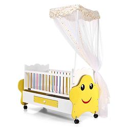 Babyhug Lucky Star Wooden Cradle with Wheel & Big Storage Drawers for Toys - Yellow White| Balanced Swing| Mosquito Net| Swing Lock| Wheels with Lock| Easy to Assemble