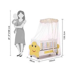 Babyhug Lucky Star Wooden Cradle with Wheel & Big Storage Drawers for Toys - Yellow White| Balanced Swing| Mosquito Net| Swing Lock| Wheels with Lock| Easy to Assemble