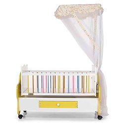 Babyhug Lucky Star Wooden Cradle with Wheel & Big Storage Drawers for Toys - Yellow White| Balanced Swing| Mosquito Net| Swing Lock| Wheels with Lock| Easy to Assemble