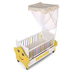 Babyhug Lucky Star Wooden Cradle with Wheel & Big Storage Drawers for Toys - Yellow White| Balanced Swing| Mosquito Net| Swing Lock| Wheels with Lock| Easy to Assemble