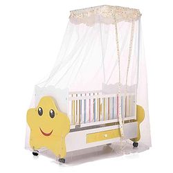 Babyhug Lucky Star Wooden Cradle with Wheel & Big Storage Drawers for Toys - Yellow White| Balanced Swing| Mosquito Net| Swing Lock| Wheels with Lock| Easy to Assemble