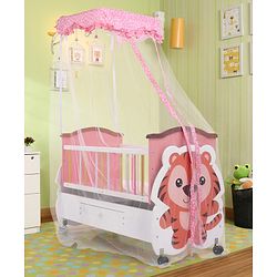 Babyhug Tiger Cub Wooden Cradle | Premium Sturdy & Safe Baby Cradle Jhula/Palna/Bed/Ghodiyu/Baggi/Baby Bedding with Mosquito Net | Big Storage Drawers for Toys  Pink White