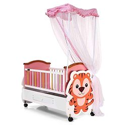Babyhug Tiger Cub Wooden Cradle | Premium Sturdy & Safe Baby Cradle Jhula/Palna/Bed/Ghodiyu/Baggi/Baby Bedding with Mosquito Net | Big Storage Drawers for Toys  Pink White