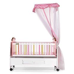 Babyhug Tiger Cub Wooden Cradle | Premium Sturdy & Safe Baby Cradle Jhula/Palna/Bed/Ghodiyu/Baggi/Baby Bedding with Mosquito Net | Big Storage Drawers for Toys  Pink White