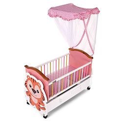 Babyhug Tiger Cub Wooden Cradle | Premium Sturdy & Safe Baby Cradle Jhula/Palna/Bed/Ghodiyu/Baggi/Baby Bedding with Mosquito Net | Big Storage Drawers for Toys  Pink White