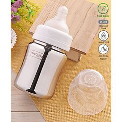 Babyhug  Stainless Steel Feeding Bottle with Leak-Proof Cap & Silicone Nipple  200 ml | BPA Free| Durable| Milk Feeding | 304 Grade | Newborn