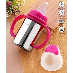 Babyhug Stainless Steel Feeding Bottle with Twin Handles, Pink 150ml| Anti-Colic Nipple| BPA-Free| Rust Free| SS 304 Grade| New Born & Toddlers| Microwave Safe| Leak resistant