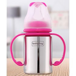 Babyhug Stainless Steel Feeding Bottle with Twin Handles, Pink 150ml| Anti-Colic Nipple| BPA-Free| Rust Free| SS 304 Grade| New Born & Toddlers| Microwave Safe| Leak resistant