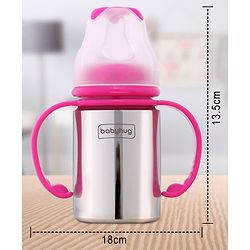 Babyhug Stainless Steel Feeding Bottle with Twin Handles, Pink 150ml| Anti-Colic Nipple| BPA-Free| Rust Free| SS 304 Grade| New Born & Toddlers| Microwave Safe| Leak resistant