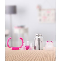 Babyhug Stainless Steel Feeding Bottle with Twin Handles, Pink 150ml| Anti-Colic Nipple| BPA-Free| Rust Free| SS 304 Grade| New Born & Toddlers| Microwave Safe| Leak resistant