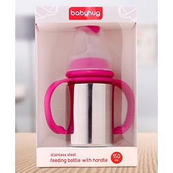 Babyhug Stainless Steel Feeding Bottle with Twin Handles, Pink 150ml| Anti-Colic Nipple| BPA-Free| Rust Free| SS 304 Grade| New Born & Toddlers| Microwave Safe| Leak resistant