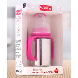 Babyhug Stainless Steel Feeding Bottle with Twin Handles, Pink 150ml| Anti-Colic Nipple| BPA-Free| Rust Free| SS 304 Grade| New Born & Toddlers| Microwave Safe| Leak resistant