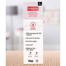 Babyhug Stainless Steel Feeding Bottle with Twin Handles, Pink 150ml| Anti-Colic Nipple| BPA-Free| Rust Free| SS 304 Grade| New Born & Toddlers| Microwave Safe| Leak resistant