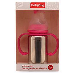 Babyhug Stainless Steel Feeding Bottle with Twin Handles, Pink 150ml| Anti-Colic Nipple| BPA-Free| Rust Free| SS 304 Grade| New Born & Toddlers| Microwave Safe| Leak resistant