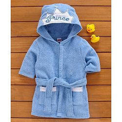 Babyhug Hooded Bathrobe Prince Embroidery - Blue
