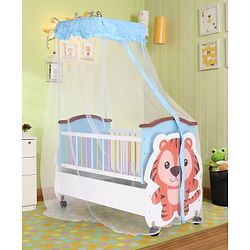 Babyhug Tiger Cub Wooden Cradle with Wheels & Big Storage Drawers For Toys - Blue White