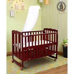 Babyhug Montana Wooden Cot Cum Rocker with Mosquito Net - Cherry Red| Wheels with Lock| Storage Space| Adjustable Height| Openable Side Rail| Foldable Headboard| Attach to Parent Bed| Convert to Study Table