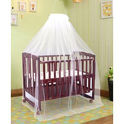 Babyhug Montana Wooden Cot Cum Rocker with Mosquito Net - Cherry Red| Wheels with Lock| Storage Space| Adjustable Height| Openable Side Rail| Foldable Headboard| Attach to Parent Bed| Convert to Study Table