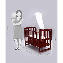 Babyhug Montana Wooden Cot Cum Rocker with Mosquito Net - Cherry Red| Wheels with Lock| Storage Space| Adjustable Height| Openable Side Rail| Foldable Headboard| Attach to Parent Bed| Convert to Study Table