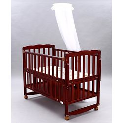 Babyhug Montana Wooden Cot Cum Rocker with Mosquito Net - Cherry Red| Wheels with Lock| Storage Space| Adjustable Height| Openable Side Rail| Foldable Headboard| Attach to Parent Bed| Convert to Study Table