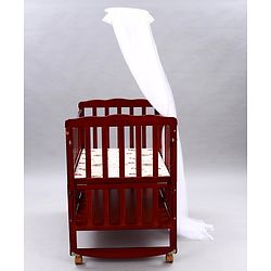 Babyhug Montana Wooden Cot Cum Rocker with Mosquito Net - Cherry Red| Wheels with Lock| Storage Space| Adjustable Height| Openable Side Rail| Foldable Headboard| Attach to Parent Bed| Convert to Study Table