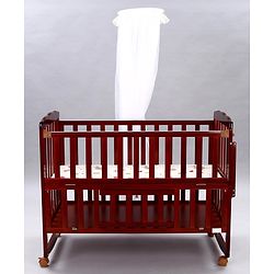 Babyhug Montana Wooden Cot Cum Rocker with Mosquito Net - Cherry Red| Wheels with Lock| Storage Space| Adjustable Height| Openable Side Rail| Foldable Headboard| Attach to Parent Bed| Convert to Study Table
