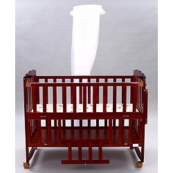 Babyhug Montana Wooden Cot Cum Rocker with Mosquito Net - Cherry Red| Wheels with Lock| Storage Space| Adjustable Height| Openable Side Rail| Foldable Headboard| Attach to Parent Bed| Convert to Study Table