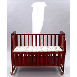 Babyhug Montana Wooden Cot Cum Rocker with Mosquito Net - Cherry Red| Wheels with Lock| Storage Space| Adjustable Height| Openable Side Rail| Foldable Headboard| Attach to Parent Bed| Convert to Study Table
