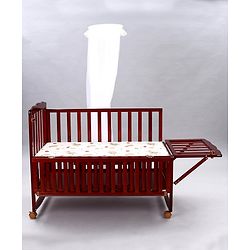 Babyhug Montana Wooden Cot Cum Rocker with Mosquito Net - Cherry Red| Wheels with Lock| Storage Space| Adjustable Height| Openable Side Rail| Foldable Headboard| Attach to Parent Bed| Convert to Study Table