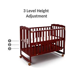 Babyhug Montana Wooden Cot Cum Rocker with Mosquito Net - Cherry Red| Wheels with Lock| Storage Space| Adjustable Height| Openable Side Rail| Foldable Headboard| Attach to Parent Bed| Convert to Study Table