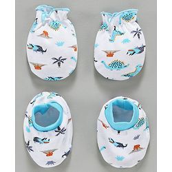 Babyhug 100% Cotton Mittens & Booties Set Animal Print - Blue