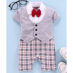 Babyhug 100% Cotton Party Wear Short Sleeves Party Suit Style Romper Bow Applique - Grey White
