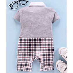 Babyhug 100% Cotton Party Wear Short Sleeves Party Suit Style Romper Bow Applique - Grey White