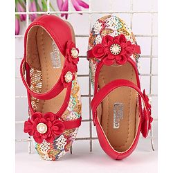Cute Walk by Babyhug Party Wear Belly Shoes Floral Appliques - Red