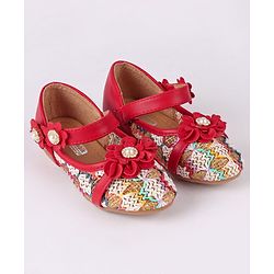Cute Walk by Babyhug Party Wear Belly Shoes Floral Appliques - Red