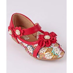 Cute Walk by Babyhug Party Wear Belly Shoes Floral Appliques - Red