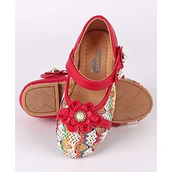 Cute Walk by Babyhug Party Wear Belly Shoes Floral Appliques - Red