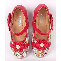 Cute Walk by Babyhug Party Wear Belly Shoes Floral Appliques - Red