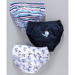 Babyhug 100% Cotton Briefs Printed & Striped Pack of 3 - White Navy Blue