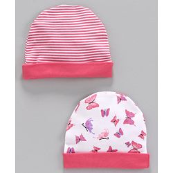 Babyhug 100% Cotton Striped & Printed Cap Pack of 2 White Pink -  Diameter 10 cm