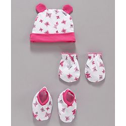 Babyhug 100% Cotton Cap Mittens & Booties Set Butterfly Print - Pink