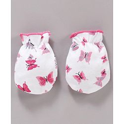 Babyhug 100% Cotton Cap Mittens & Booties Set Butterfly Print - Pink