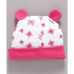 Babyhug 100% Cotton Cap Mittens & Booties Set Butterfly Print - Pink