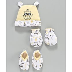 Babyhug 100% Cotton Cap Mittens & Booties Set Bear Print Yellow -  Diameter 10.5 cm