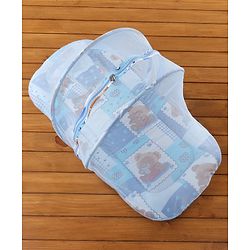 Babyhug Teddy Print Baby Bedding Set with Mosquito Net  -  Blue