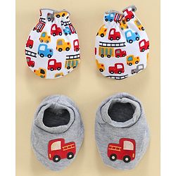 Babyhug 100% Cotton Mitten & Booties Set Vehicle Print - White Grey
