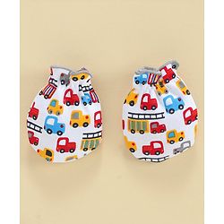 Babyhug 100% Cotton Mitten & Booties Set Vehicle Print - White Grey